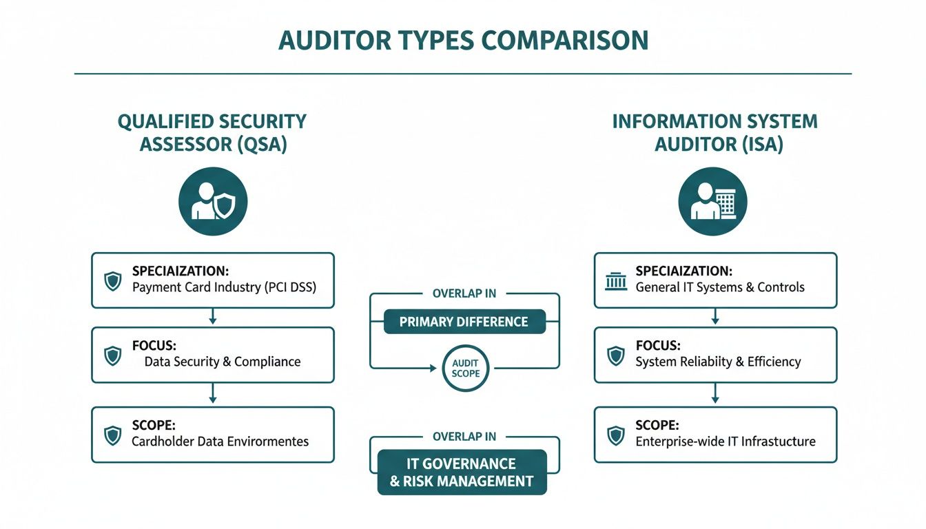 Diagram comparing Qualified Security Assessor (QSA) and Information System Auditor (ISA) roles and scopes.