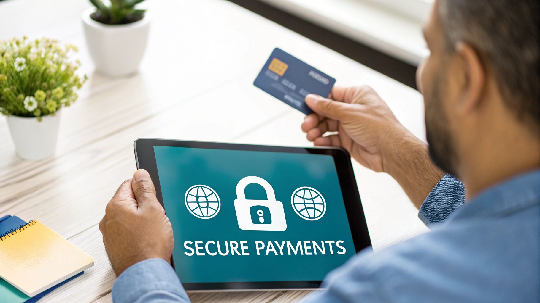 A person holds a tablet showing 'SECURE PAYMENTS' with a lock icon, while also holding a credit card.