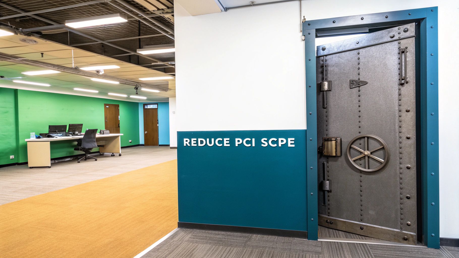 An office hallway with a desk and a partially open security vault door, featuring text 'REDUCE PCI SCPE'.