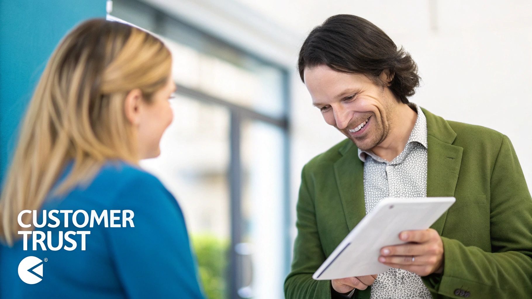 A smiling man in a green jacket discusses content on a tablet with a woman.