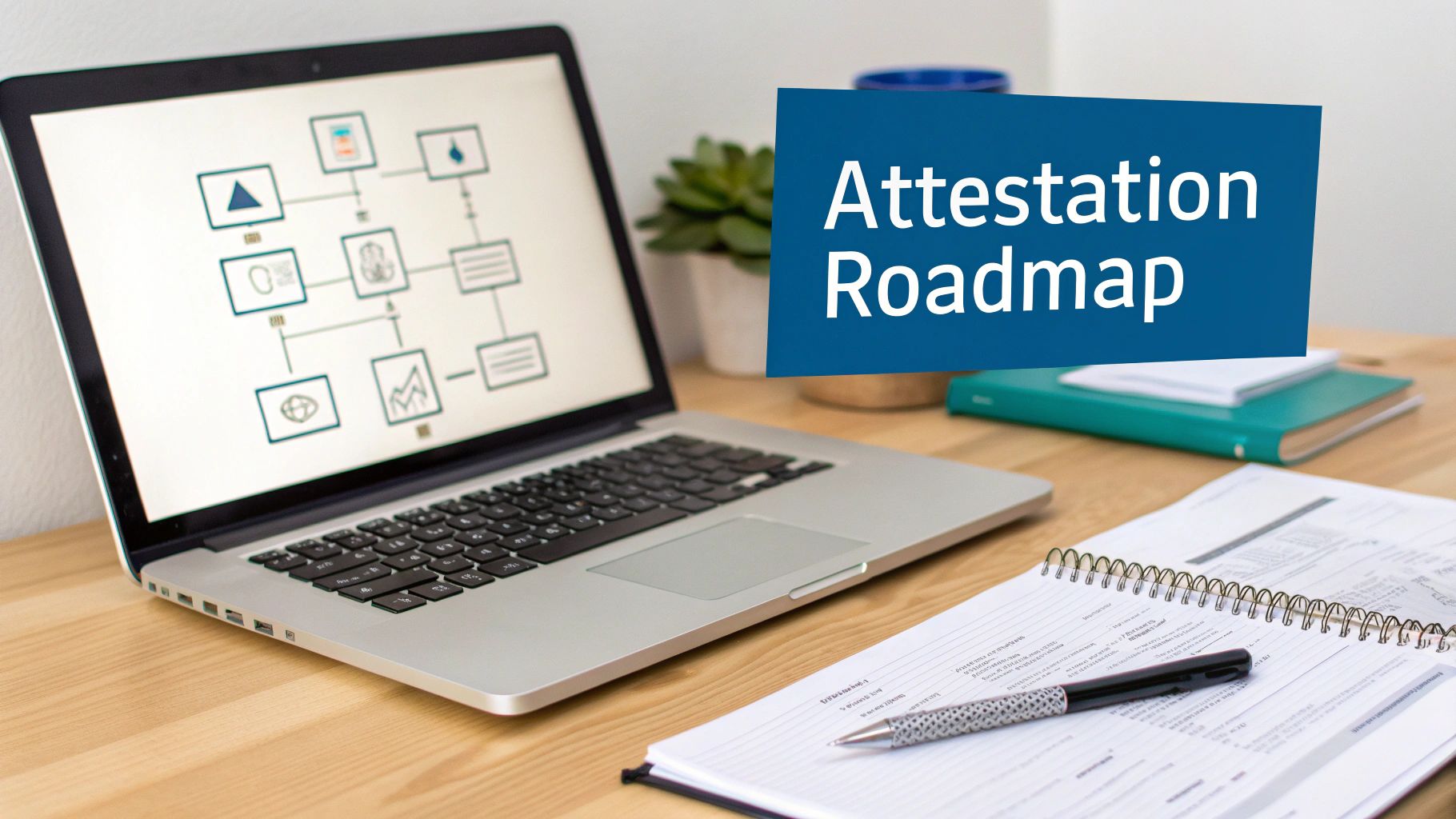 A laptop displaying a flowchart and a blue banner with 'Attestation Roadmap' on a wooden desk.
