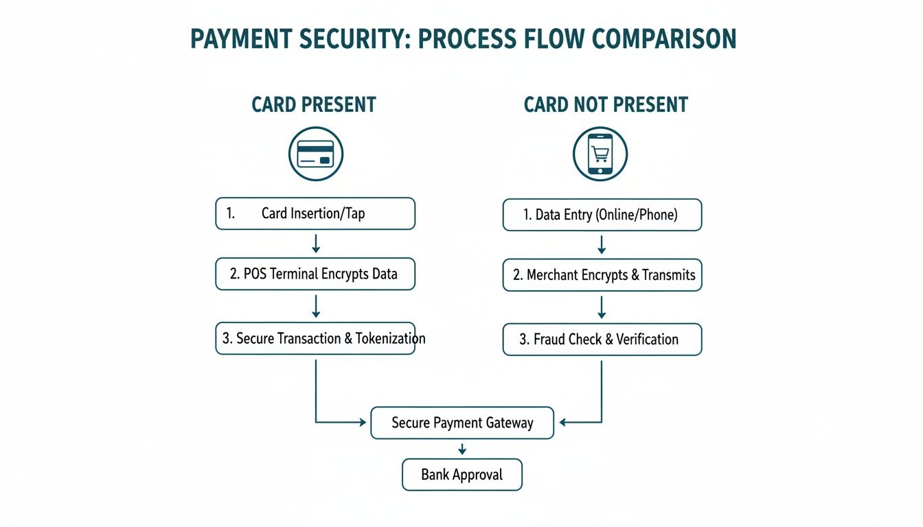 Flowchart comparing card present and card not present payment security processes, detailing steps from data input to bank approval.