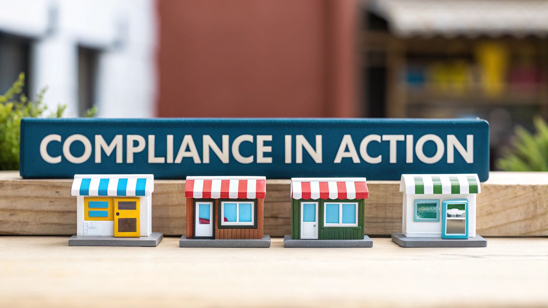 A blue sign reading 'COMPLIANCE IN ACTION' stands behind four colorful miniature store models.