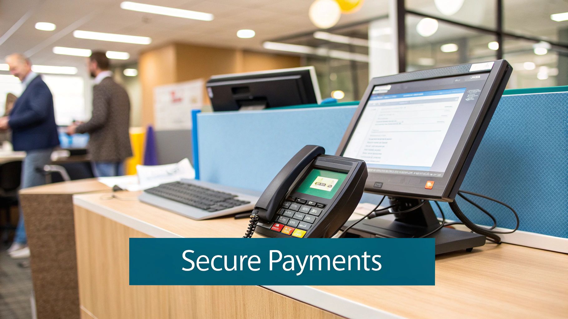 A secure payment terminal and computer on a desk in a modern office, with blurred people working.