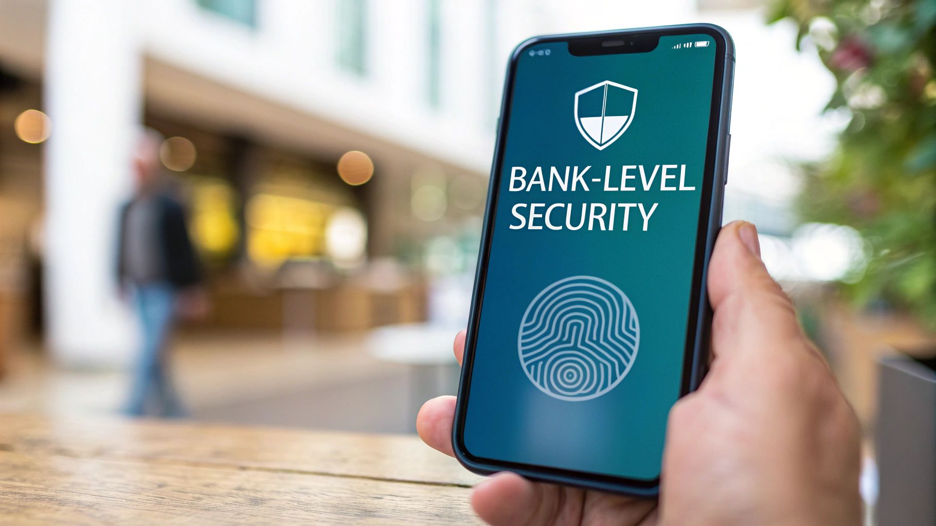 A hand holds a smartphone displaying 'BANK-LEVEL SECURITY' with a fingerprint icon for secure transactions.