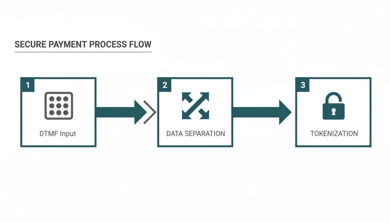 Flowchart illustrating a secure payment process: DTMF input, data separation, and tokenization for enhanced security.