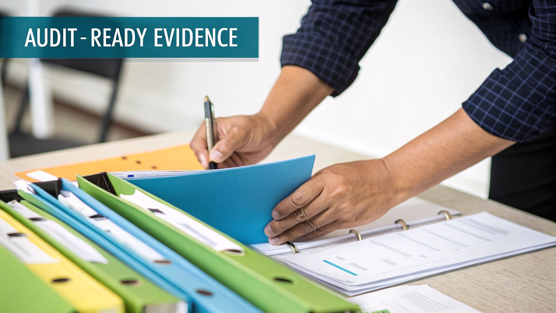 A person organizing colorful files and documents on a desk, preparing audit-ready evidence.