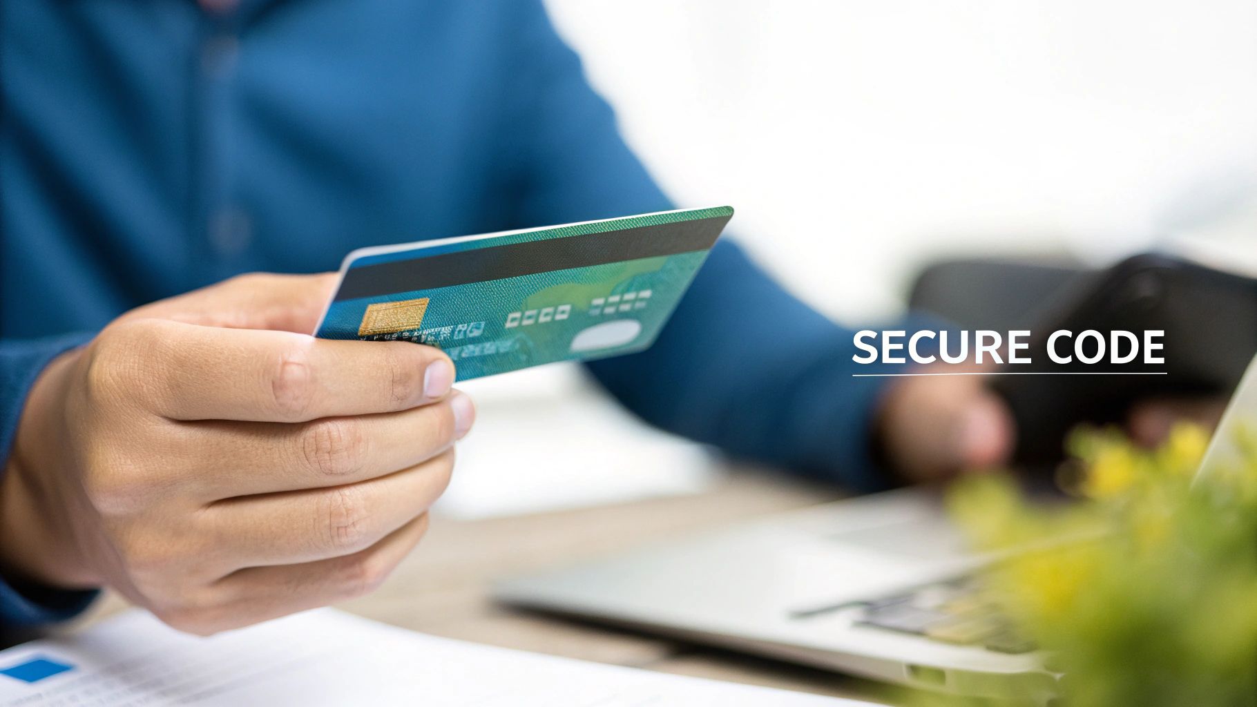 A person holds a credit card, with a laptop and the words 'SECURE CODE' visible, emphasizing online transaction security.