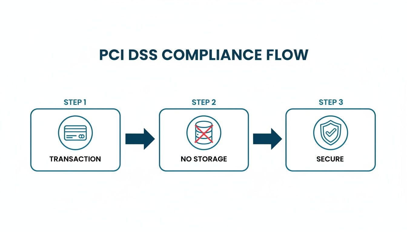 PCI DSS compliance flow diagram illustrating steps: transaction, no storage of data, and secure processing.