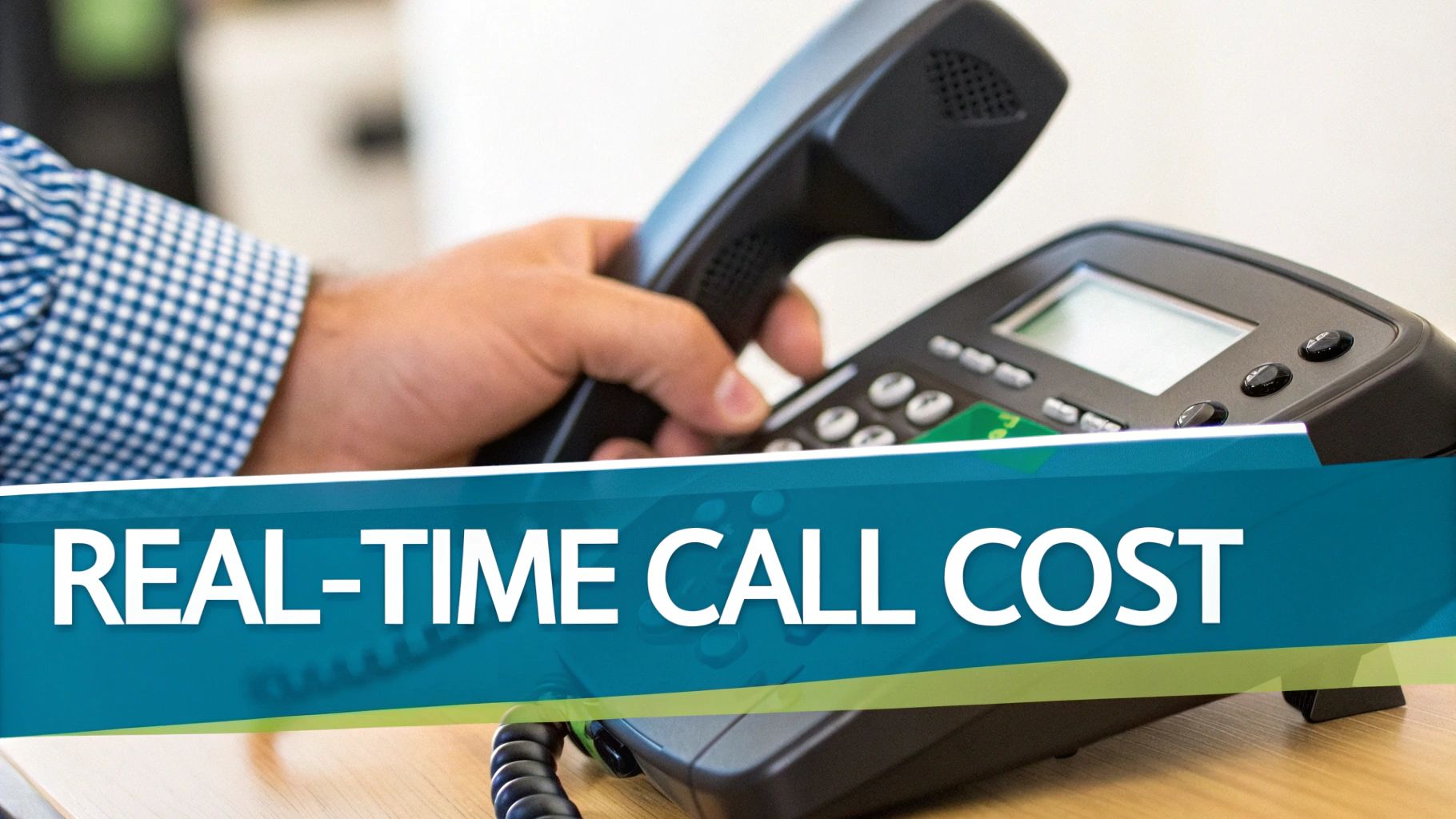 A person's hand picks up a landline phone receiver displaying 'REAL-TIME CALL COST'.