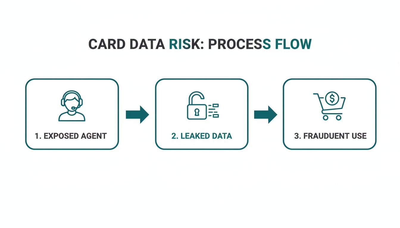 A flow chart illustrates card data risk from exposed agent to leaked data and fraudulent use.