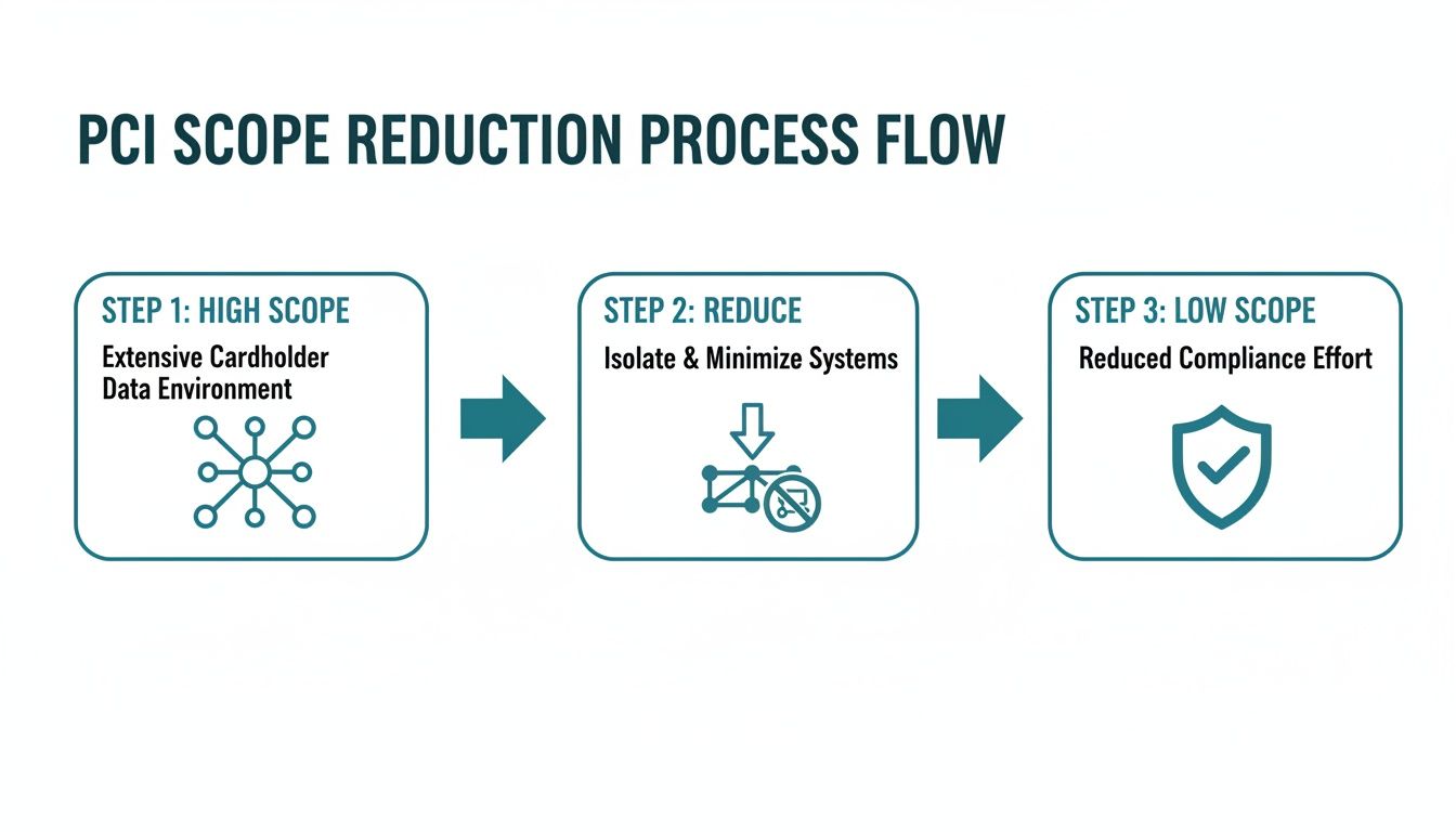 Visual guide to the PCI Scope Reduction Process Flow, detailing steps from high to low compliance scope.
