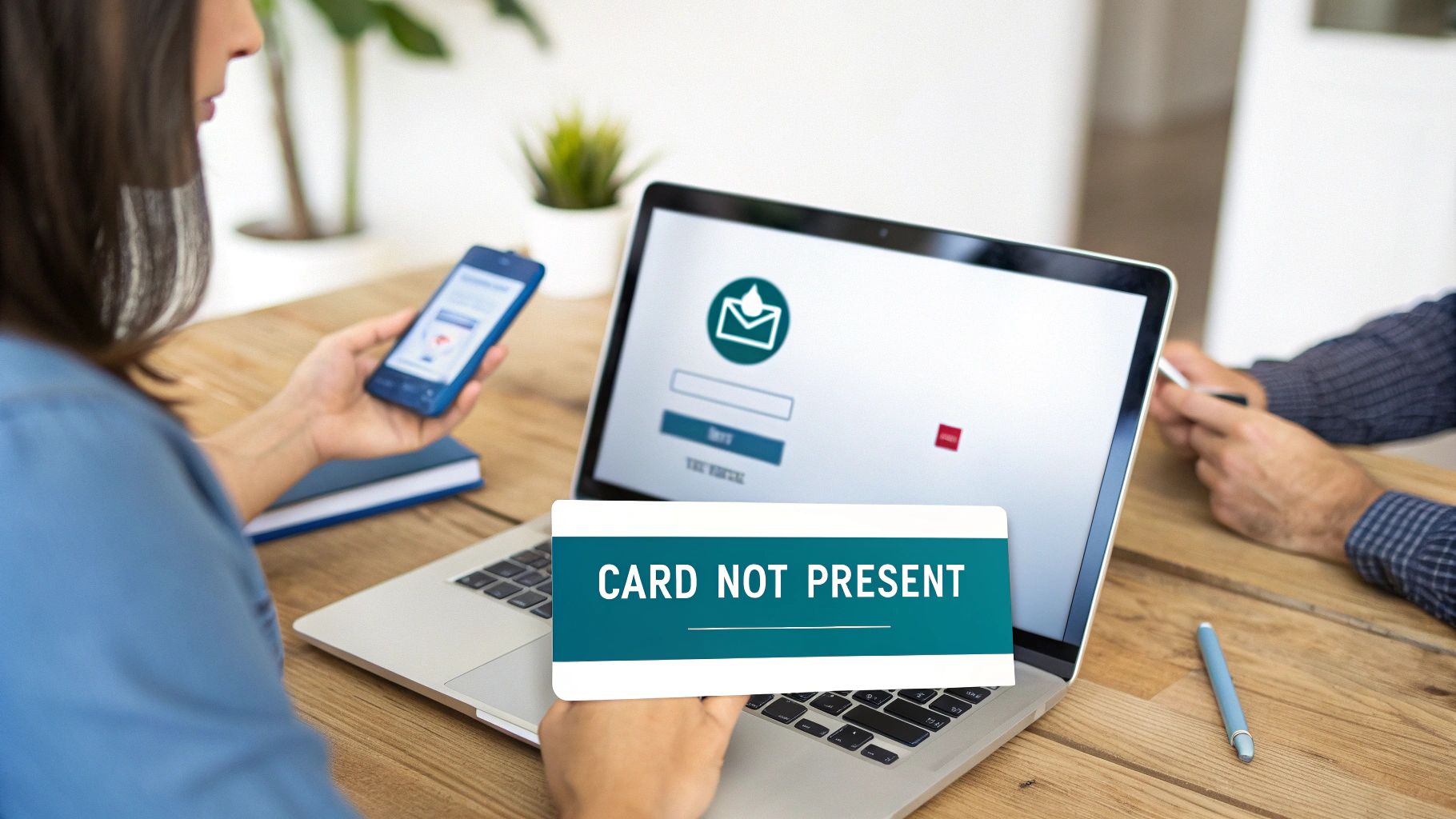 A person holds a phone while looking at a laptop with a login screen, displaying 'CARD NOT PRESENT' overlay.