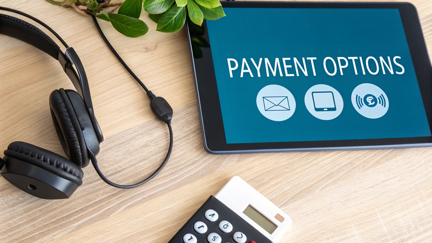 A tablet displays 'PAYMENT OPTIONS' with icons for mail, online, and contactless payments, next to headphones and a calculator on a wooden desk.