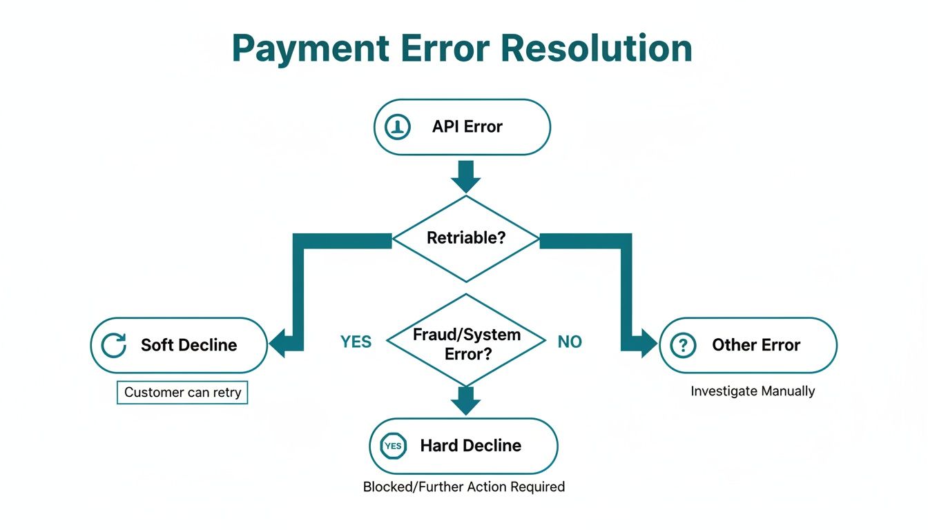 Flowchart illustrating payment API error resolution, categorizing errors into retriable, fraud, system, and other types.
