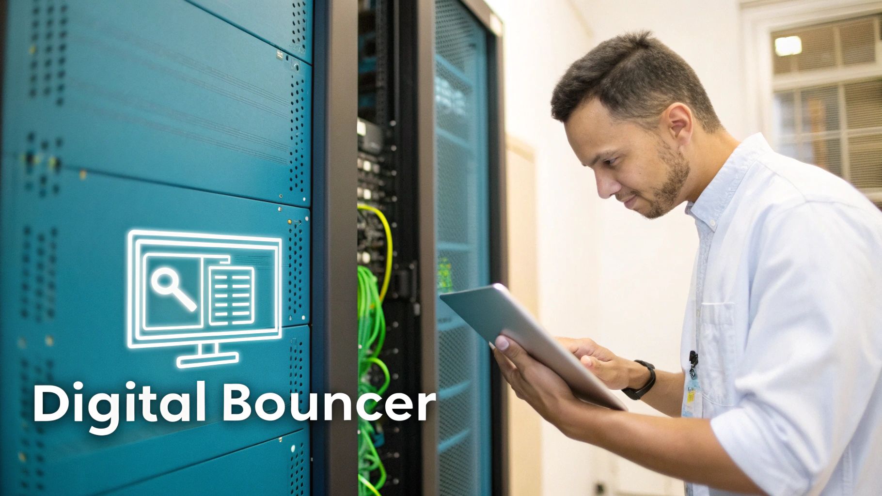 A man in a server room uses a tablet, with a digital security icon and 'Digital Bouncer' text.