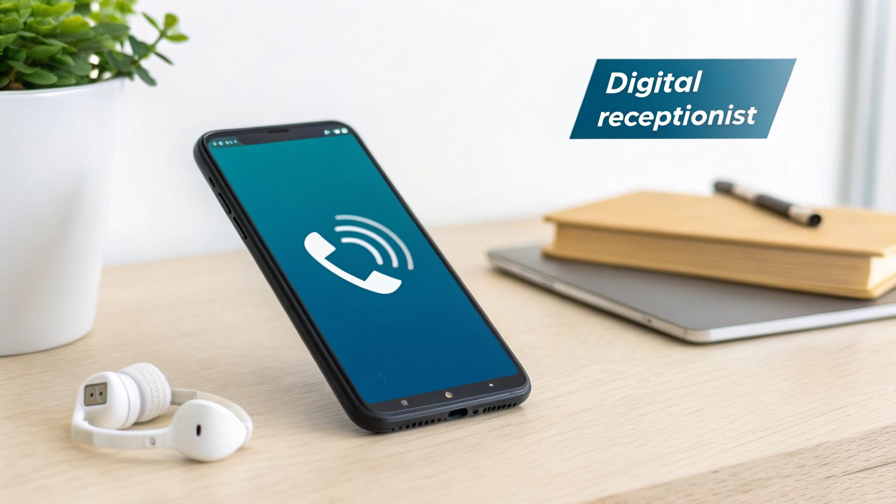A smartphone displaying a phone call icon on a desk with earbuds, promoting a 'Digital receptionist'.