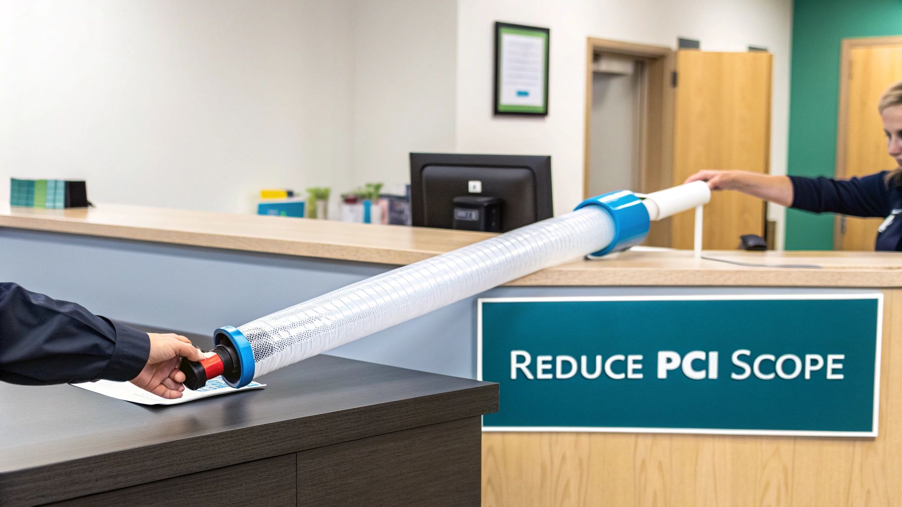 Two people use a pneumatic tube system across a counter with a sign reading 'Reduce PCI Scope'.