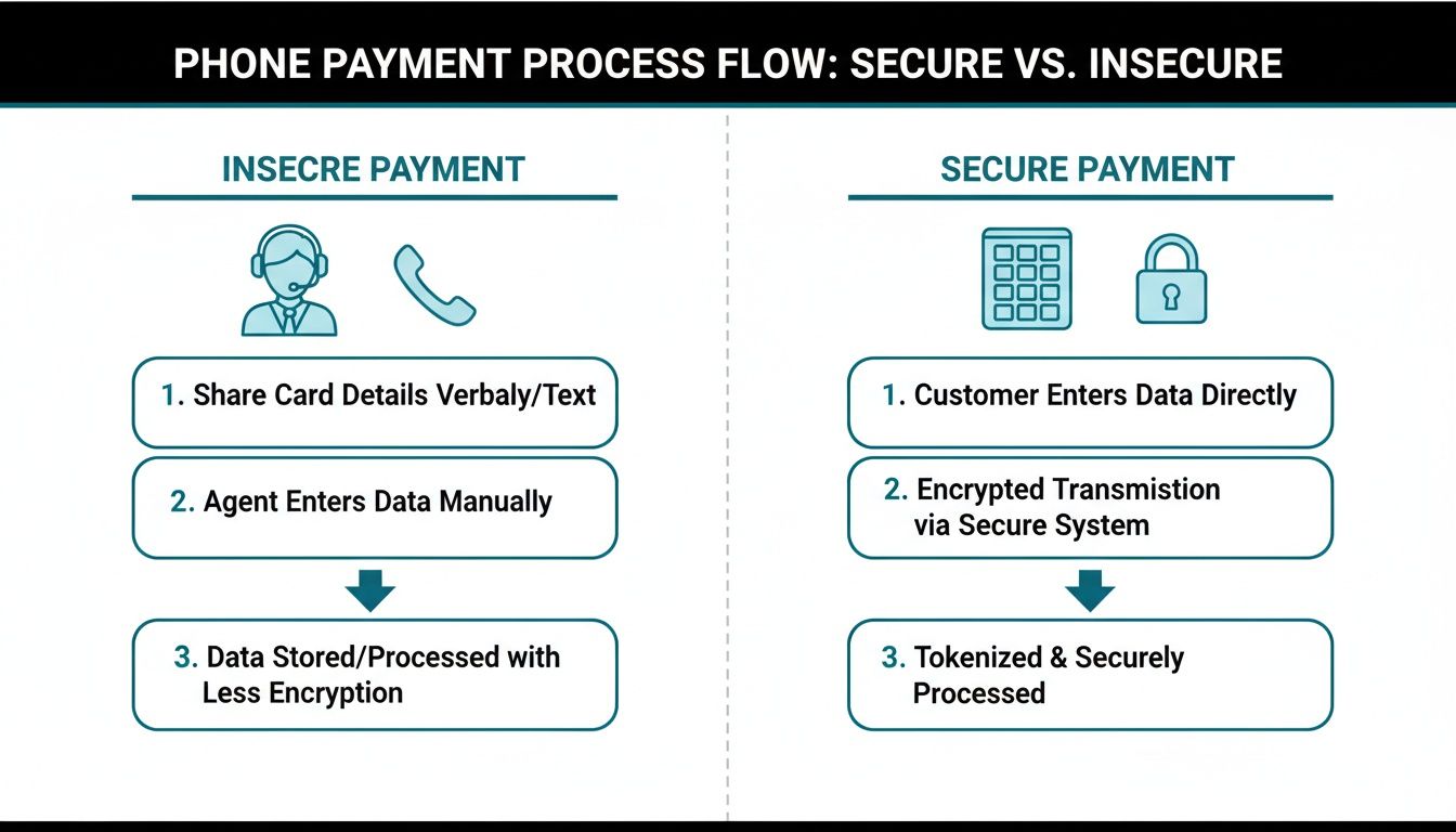 Comparison of secure and insecure phone payment process flows, showing steps from sharing details to processing.