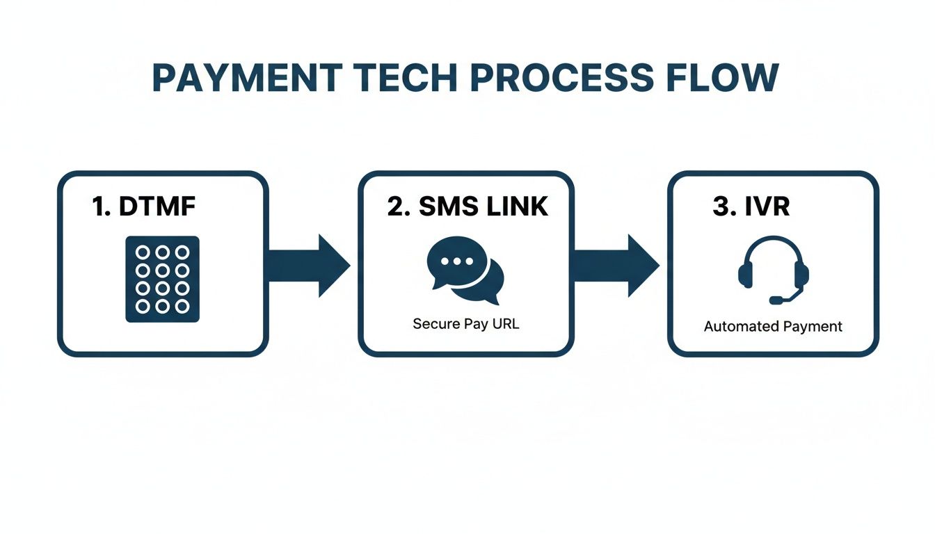 Payment tech process flow diagram showing DTMF, SMS Link with secure pay URL, and IVR automated payment steps.