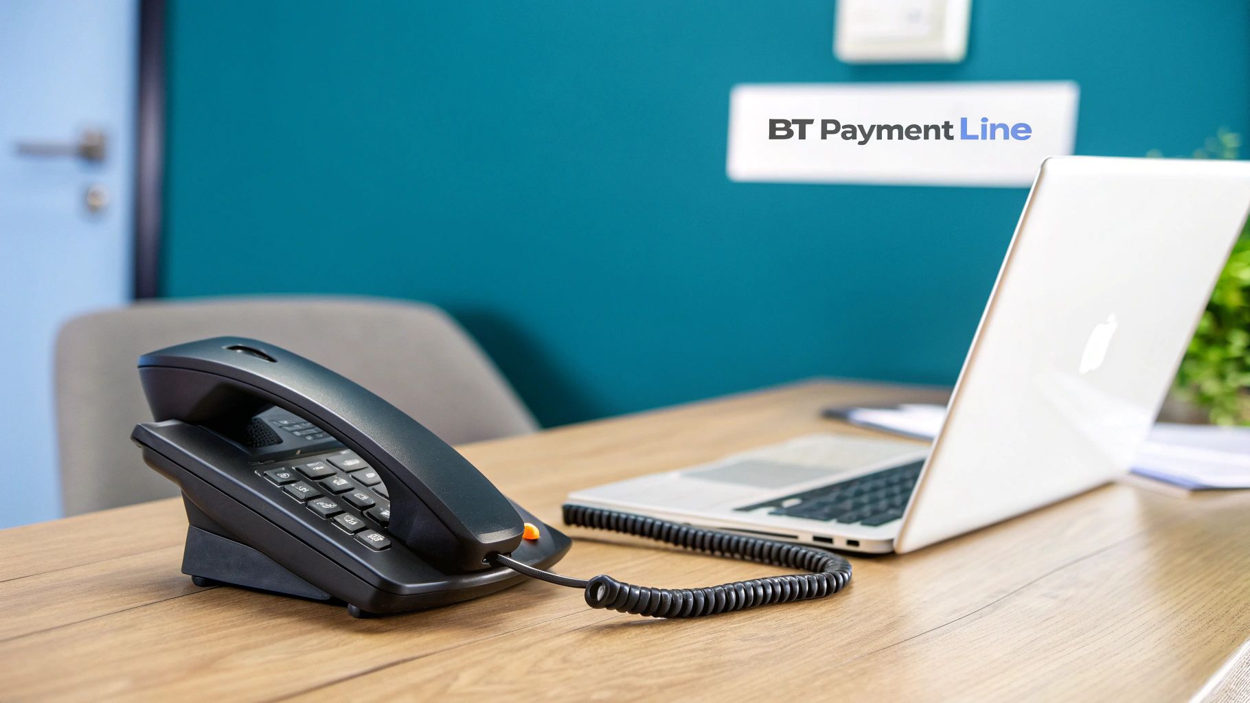 A black desk phone, a silver laptop, and a plant on a wooden desk, with a 'BT Payment Line' sign in the background.