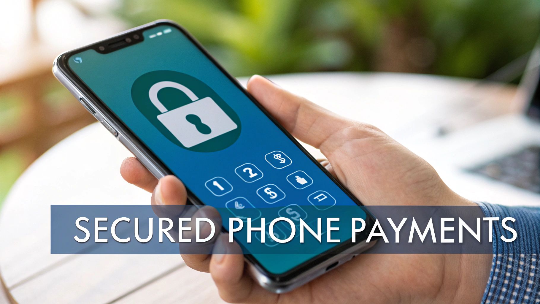 A hand holds a smartphone displaying a lock icon and a numerical keypad for secure phone payments.