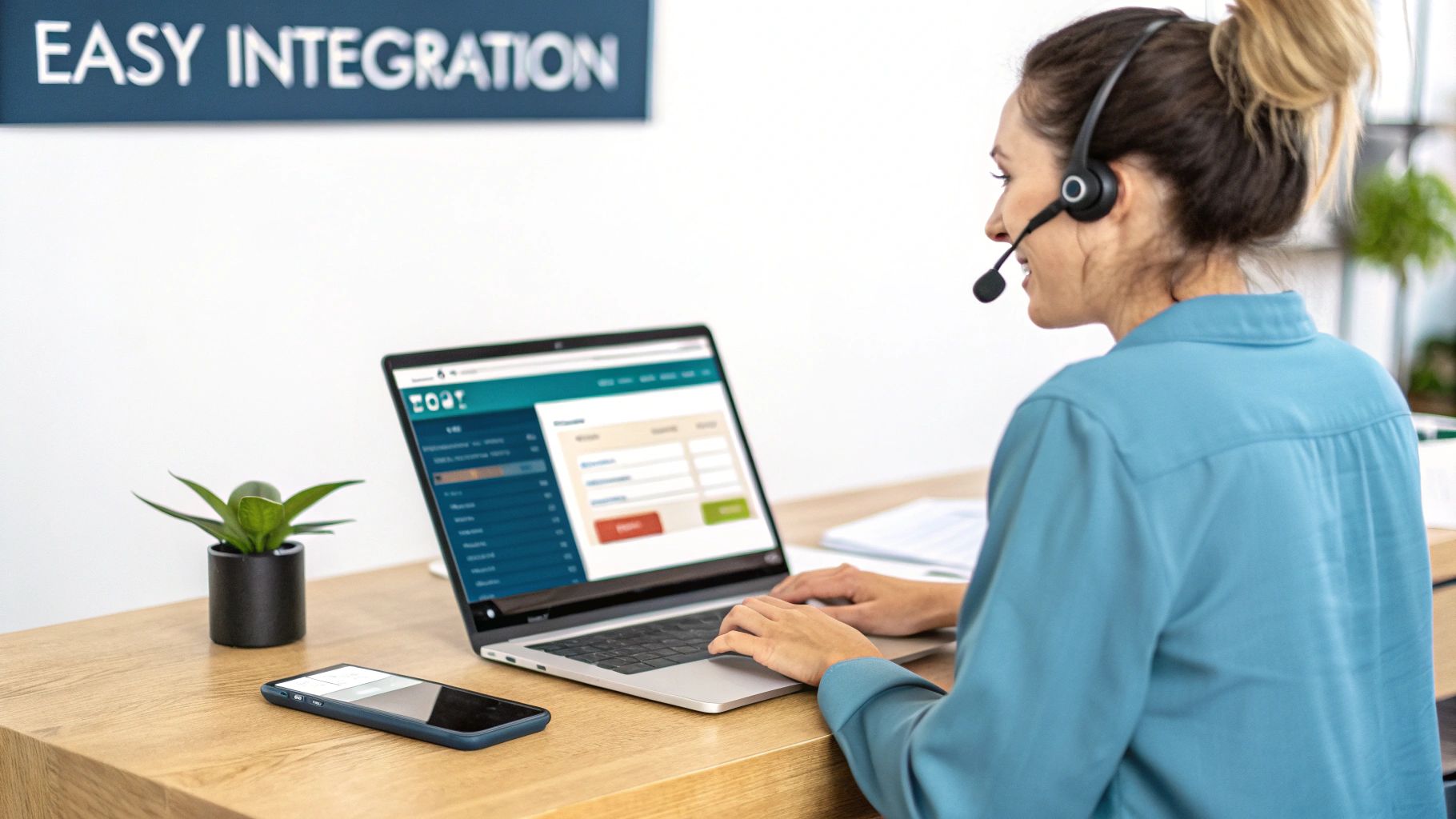 A woman wearing a headset works on a laptop at a desk with a plant and phone, representing customer service.
