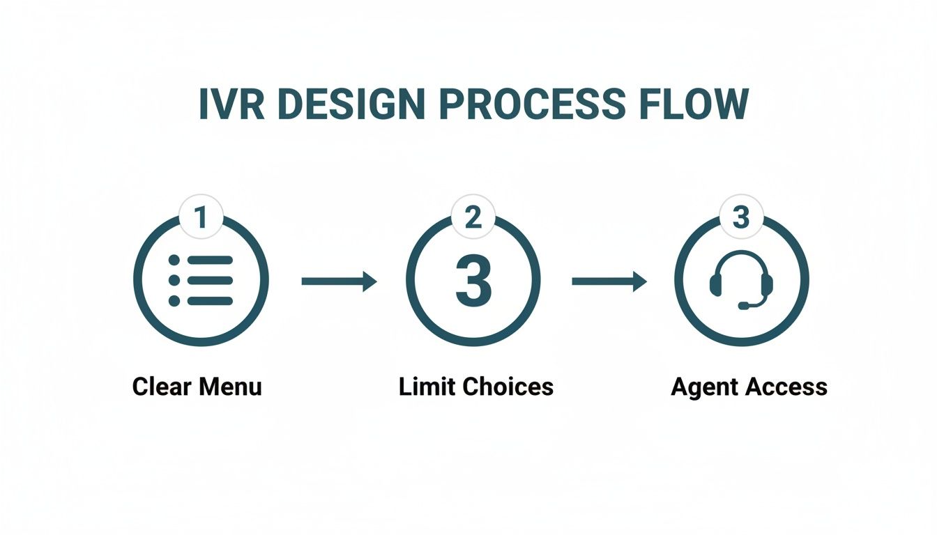 An IVR design process flow with three steps: clear menu, limit choices, and agent access.
