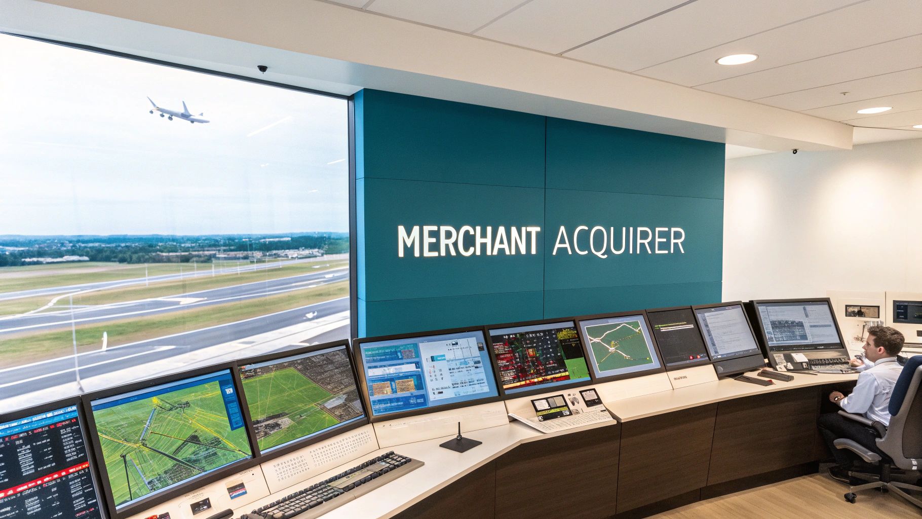 Airport control room with monitors, a person working, and a plane visible outside a large window.