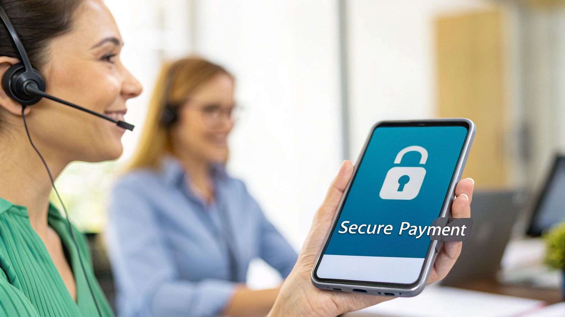 Smiling customer service agent showing a smartphone with 'Secure Payment' and a lock icon.