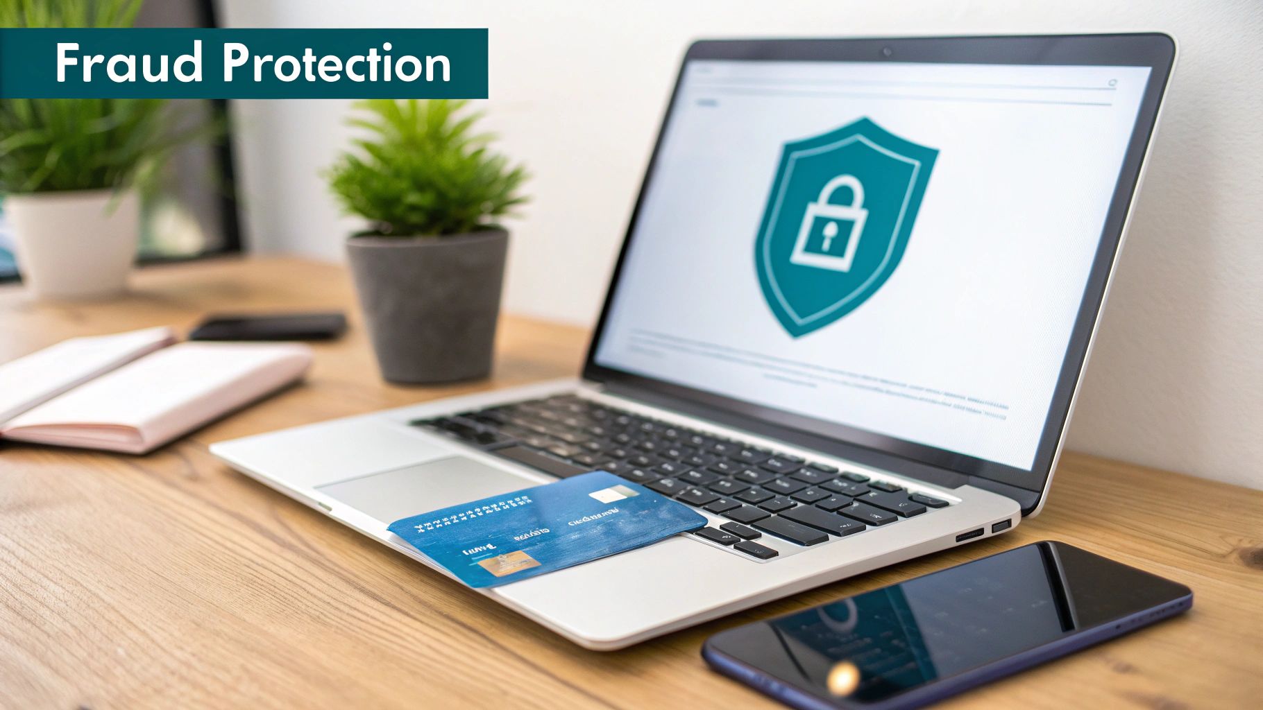 A laptop displaying a security shield and padlock, with a credit card on its keyboard, signifying fraud protection.