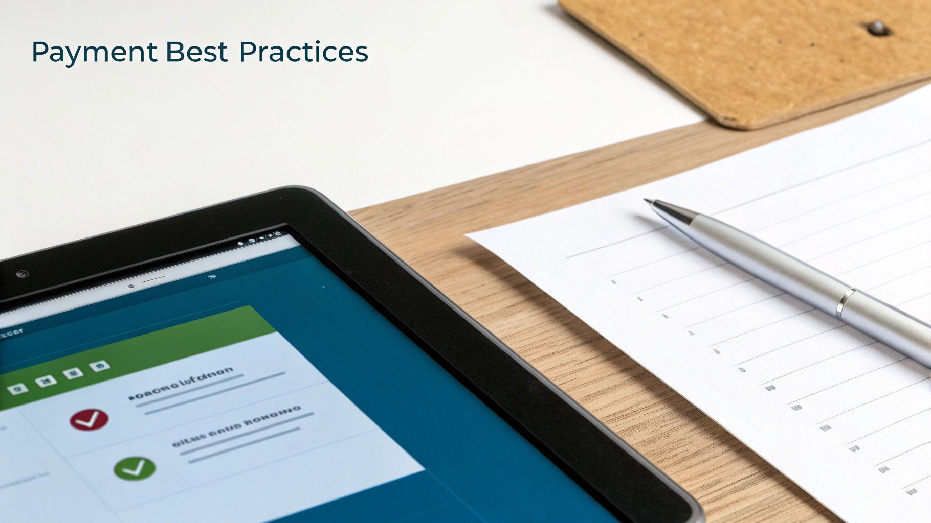 A tablet displaying 'Payment Best Practices' on a desk with a pen and paper.