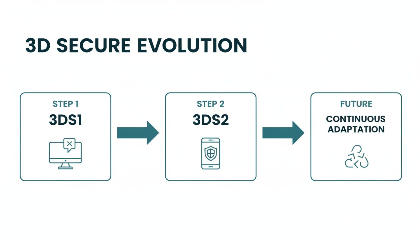 Diagram showing the evolution of 3D Secure from 3DS1 to 3DS2 and future continuous adaptation.
