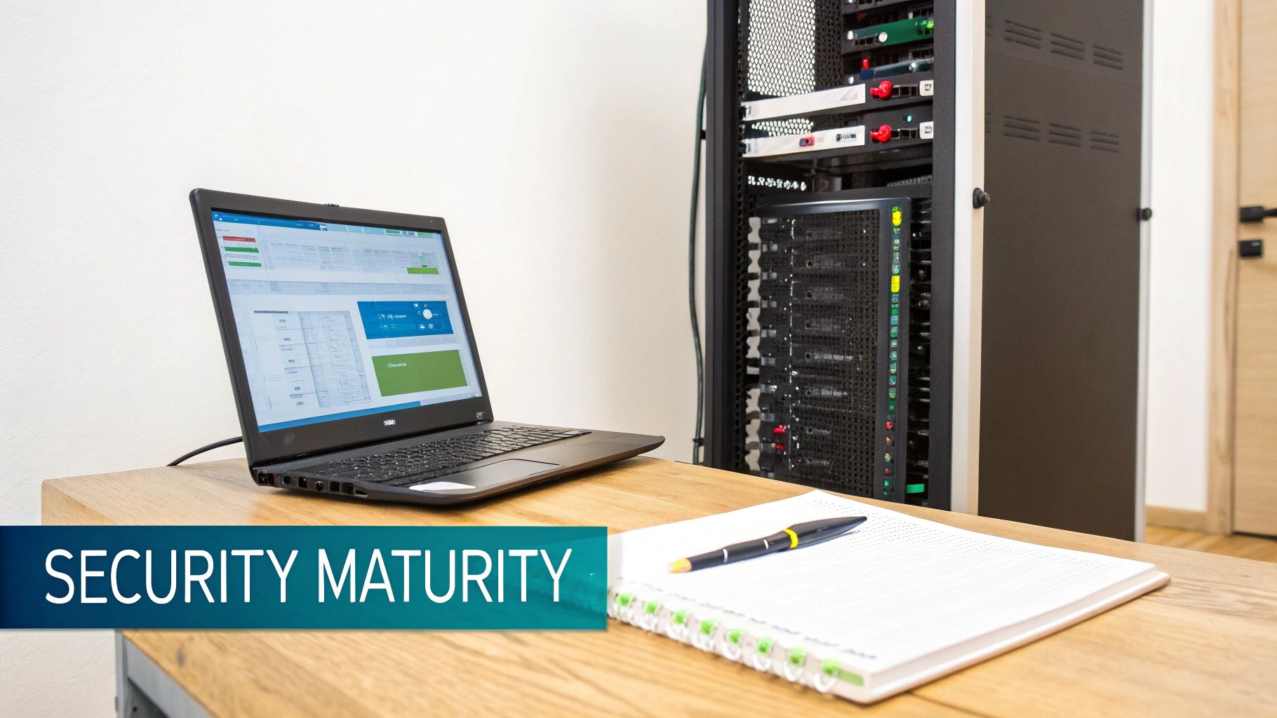 A laptop on a desk showing a security dashboard, with a server rack in the background.