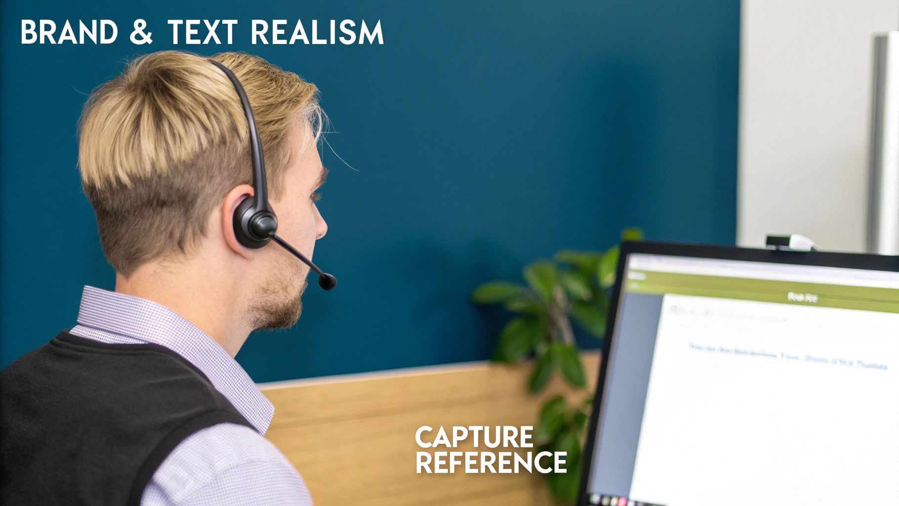 A man wearing a headset looks at a computer screen, likely providing customer support.