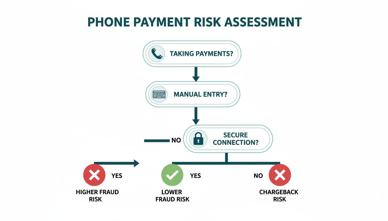 Flowchart outlining phone payment risk assessment, covering manual entry and secure connections, leading to different fraud risks.