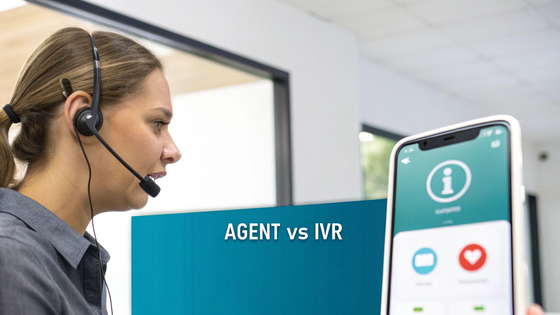 Customer service agent wearing a headset, next to a phone screen with 'AGENT vs IVR' text.