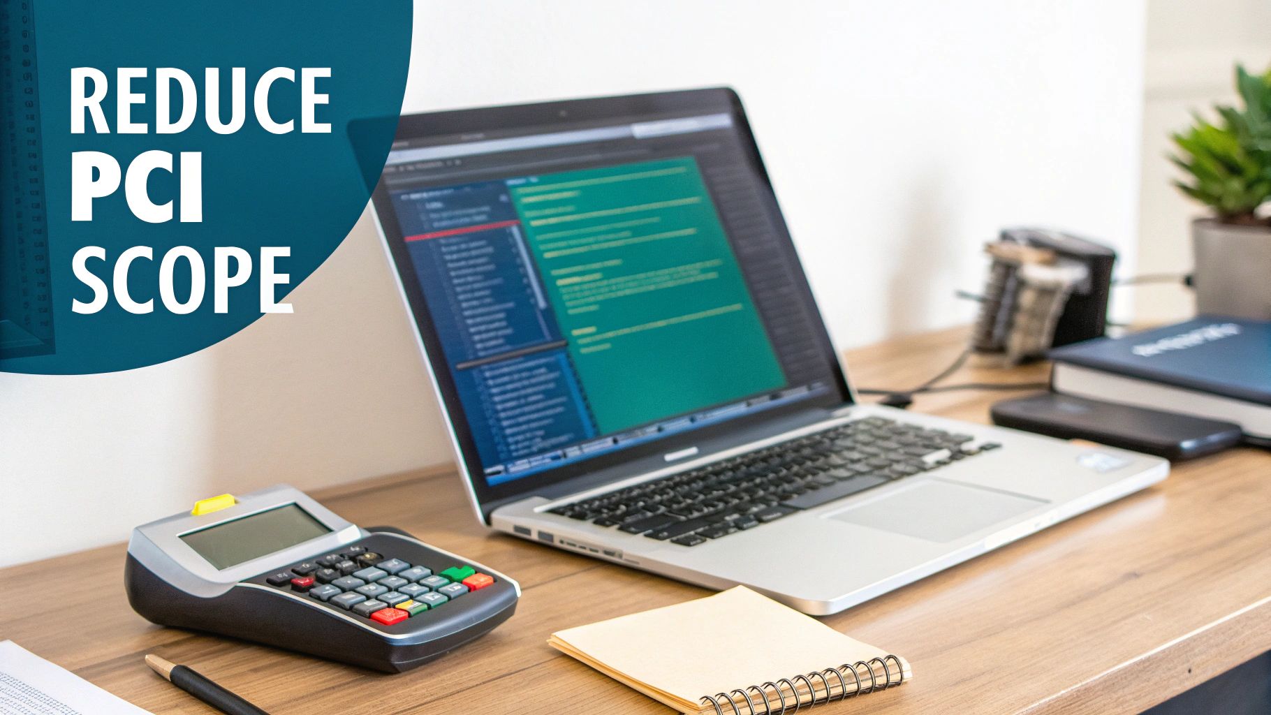 A desk setup with a laptop, payment terminal, and notebook, featuring 'REDUCE PCI SCOPE' text.