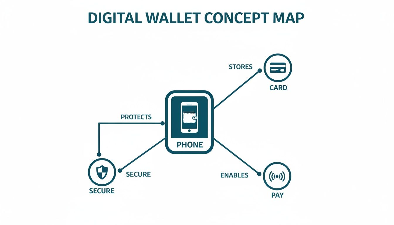 A concept map illustrating a digital wallet on a phone, showing how it stores cards, protects security, and enables payments.