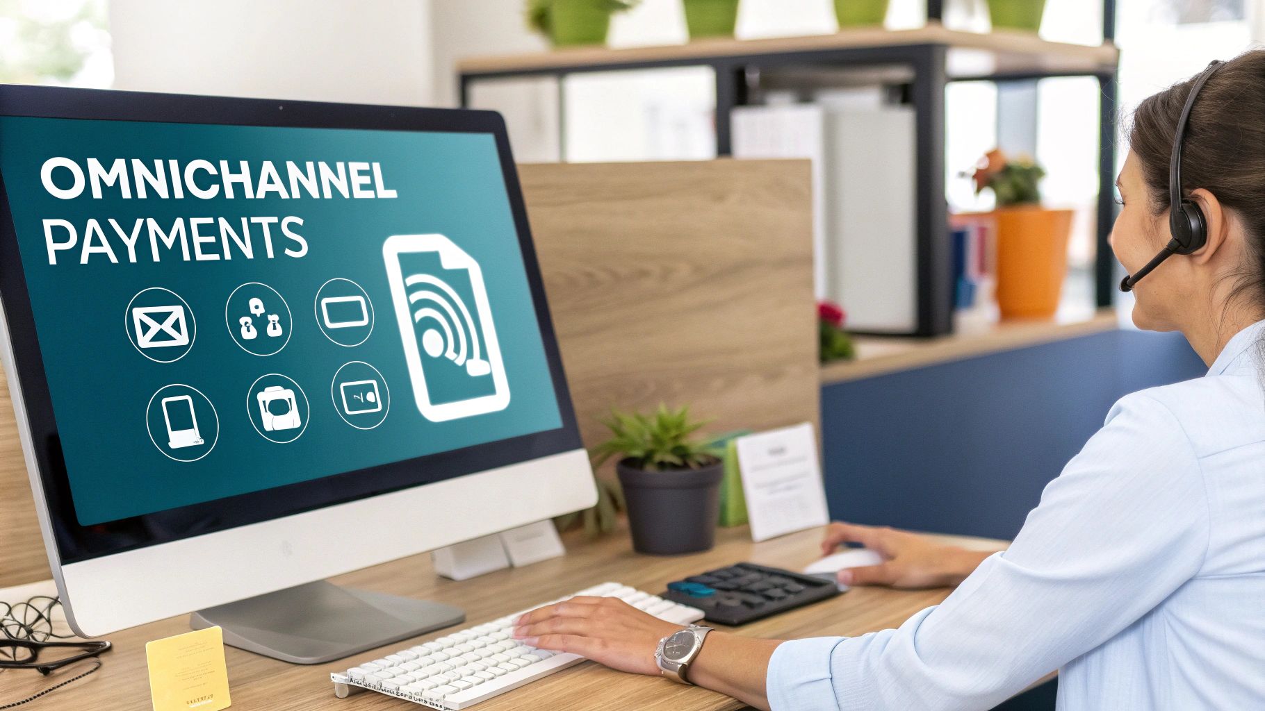 A person in a headset works on a computer showing 'OMNICHANNEL PAYMENTS' with various payment icons.