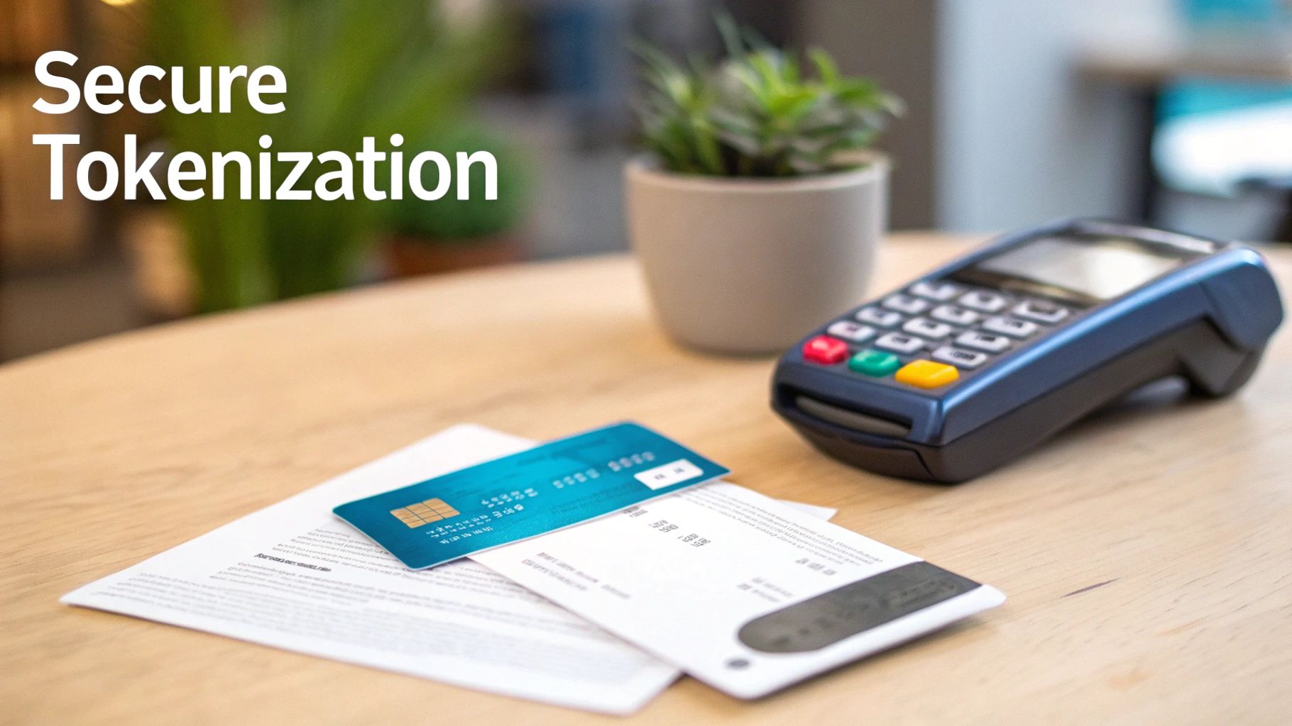 A blue credit card on papers next to a payment terminal, symbolizing secure tokenization and transactions.