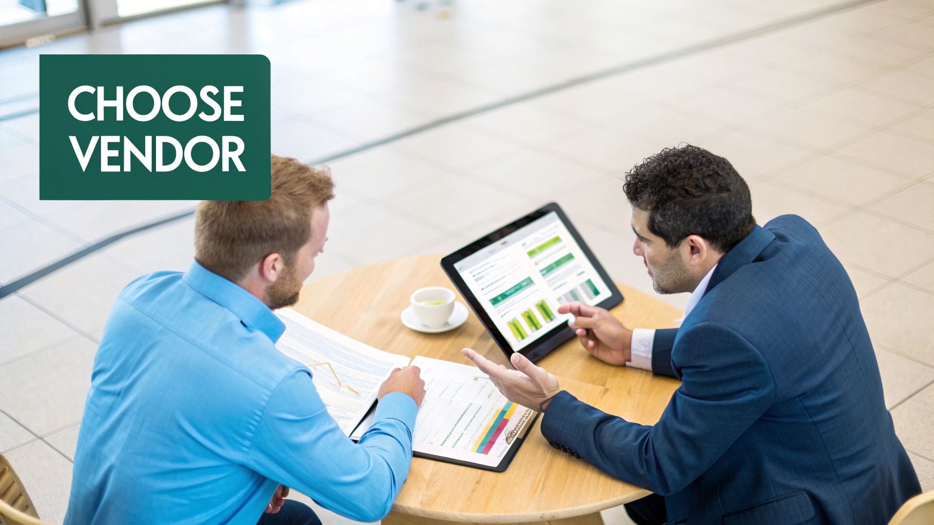 Two professionals review vendor options and financial data on a tablet and documents.