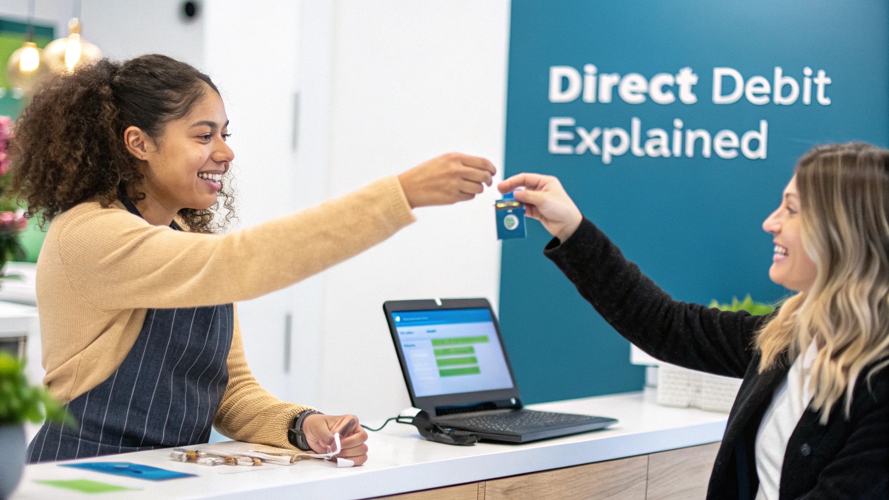 Smiling woman in apron hands a blue payment device to a customer at a desk with 'Direct Debit Explained' sign.