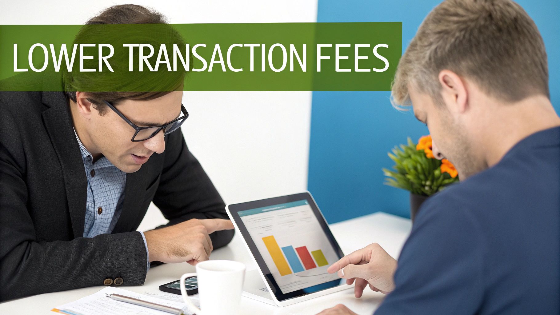 Two businessmen analyzing financial data on a tablet, focusing on lower transaction fees.