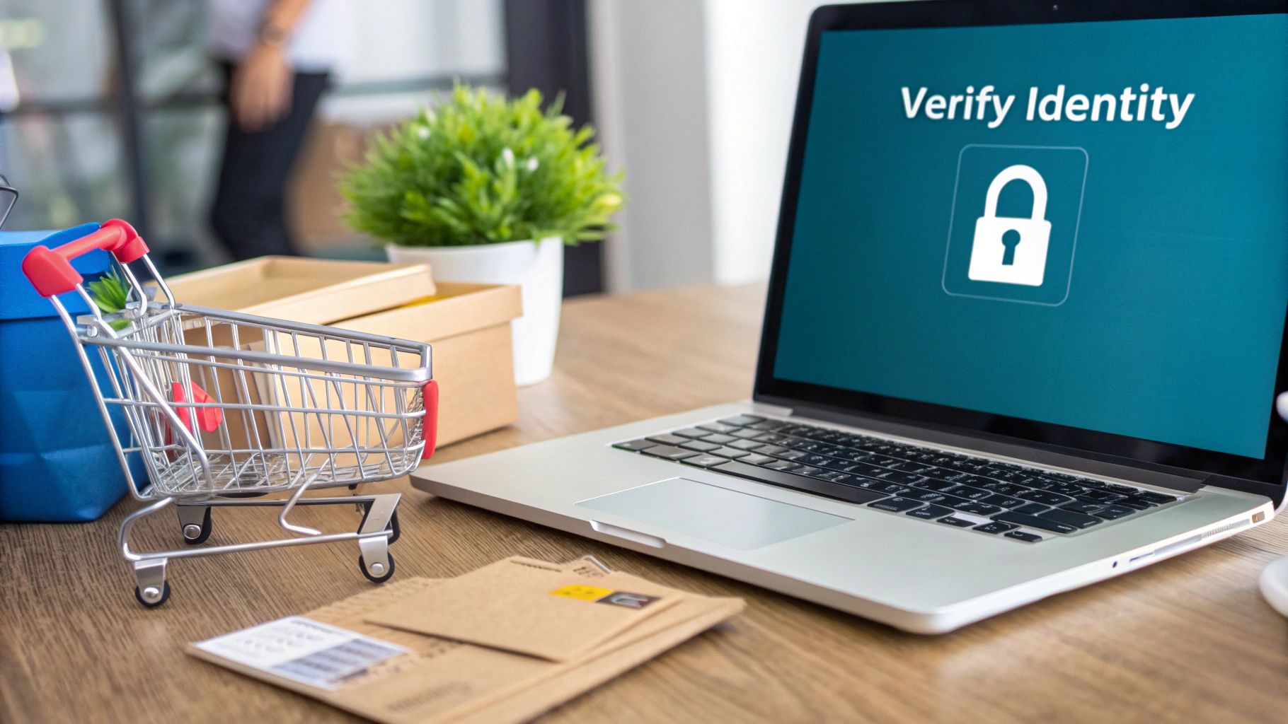 A laptop displays 'Verify Identity' with a padlock icon next to a shopping cart and boxes.