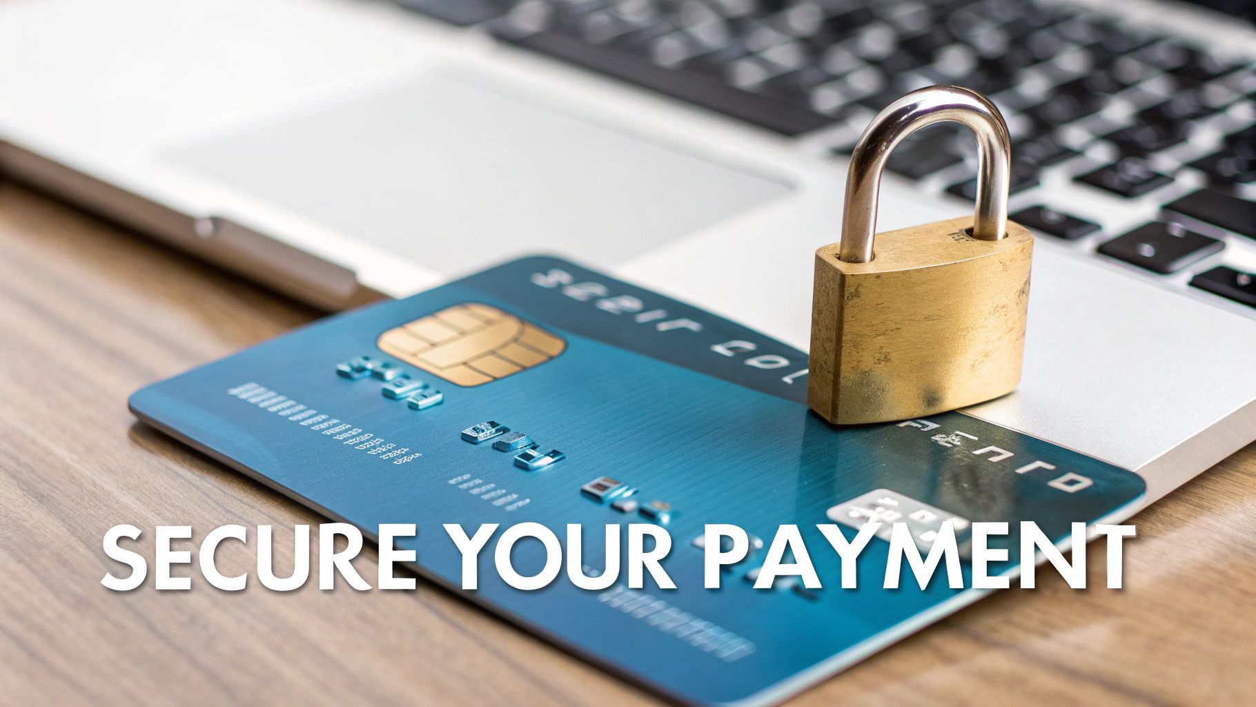 A blue credit card with an EMV chip and a golden padlock on a laptop keyboard, emphasizing secure online payments.