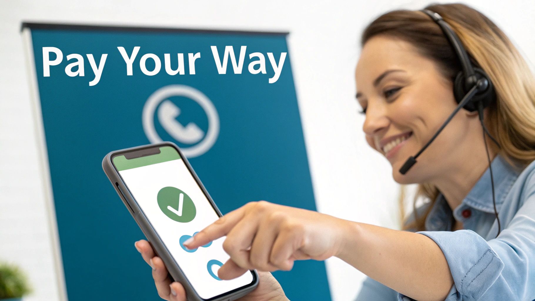 Smiling call center agent with headset using a smartphone for mobile payments with 'Pay Your Way' banner.