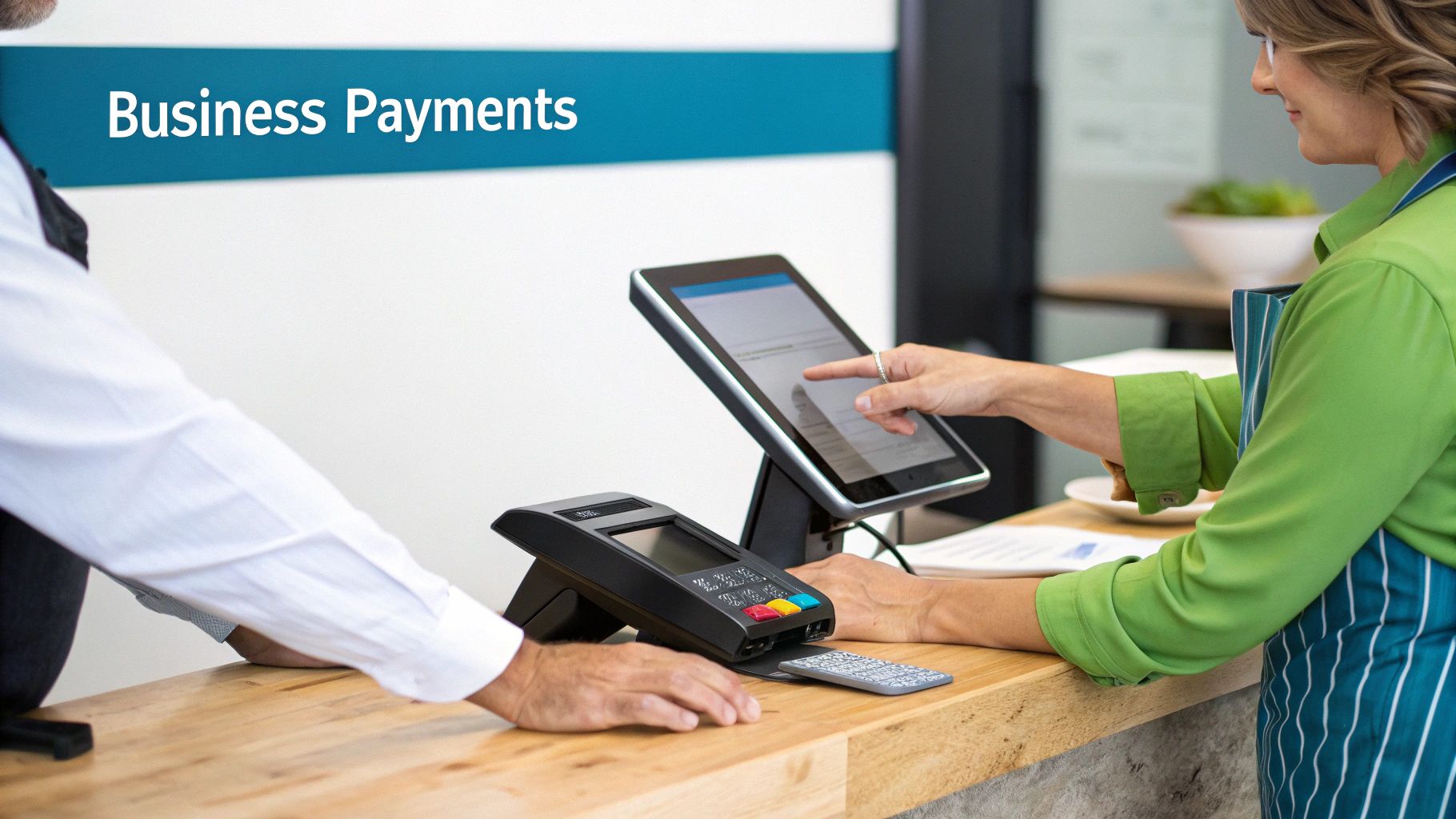 A cashier assists a customer with a transaction using a modern POS system and payment terminal.