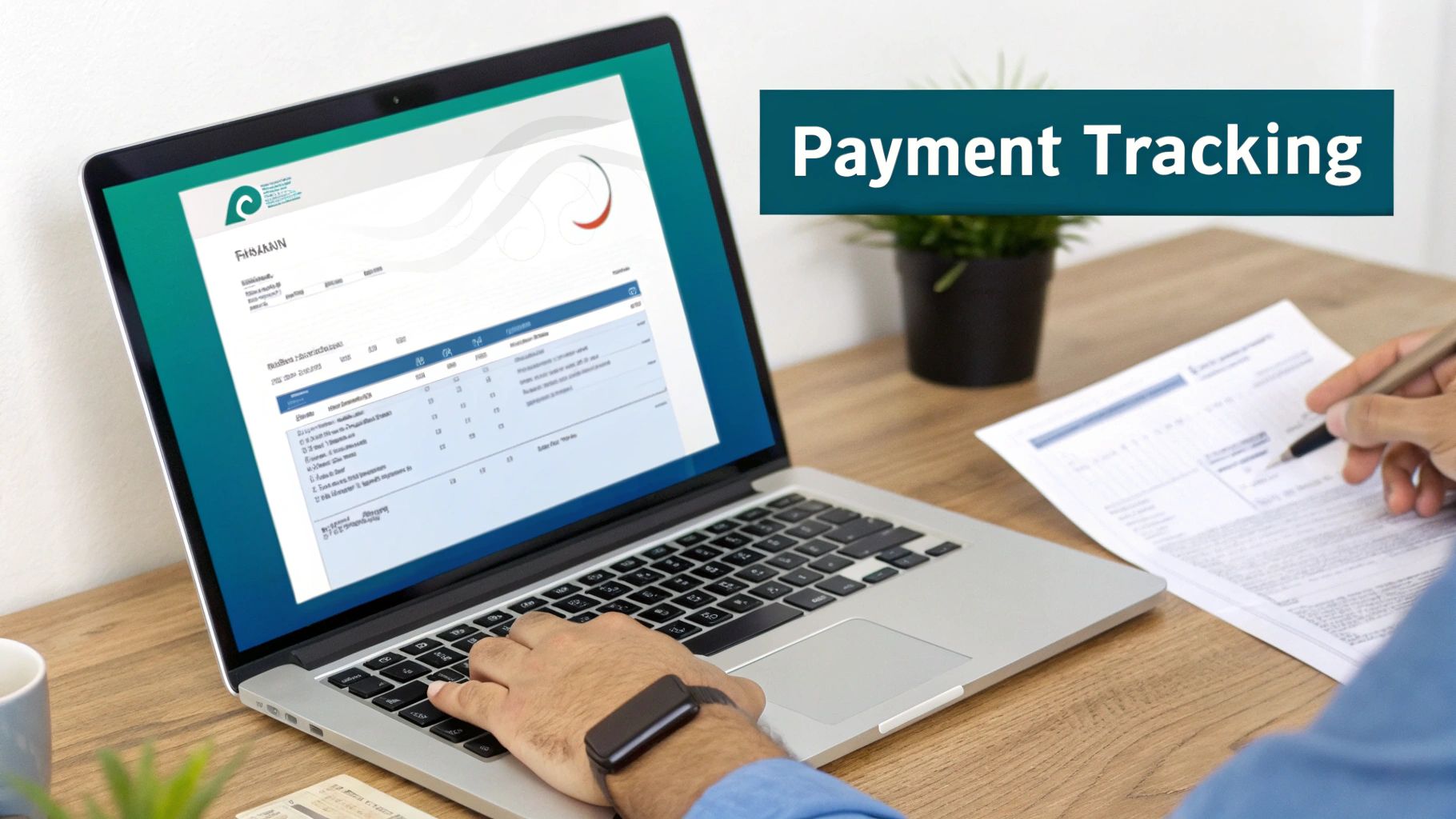 A person tracks payments on a laptop and fills out a document on a wooden desk.