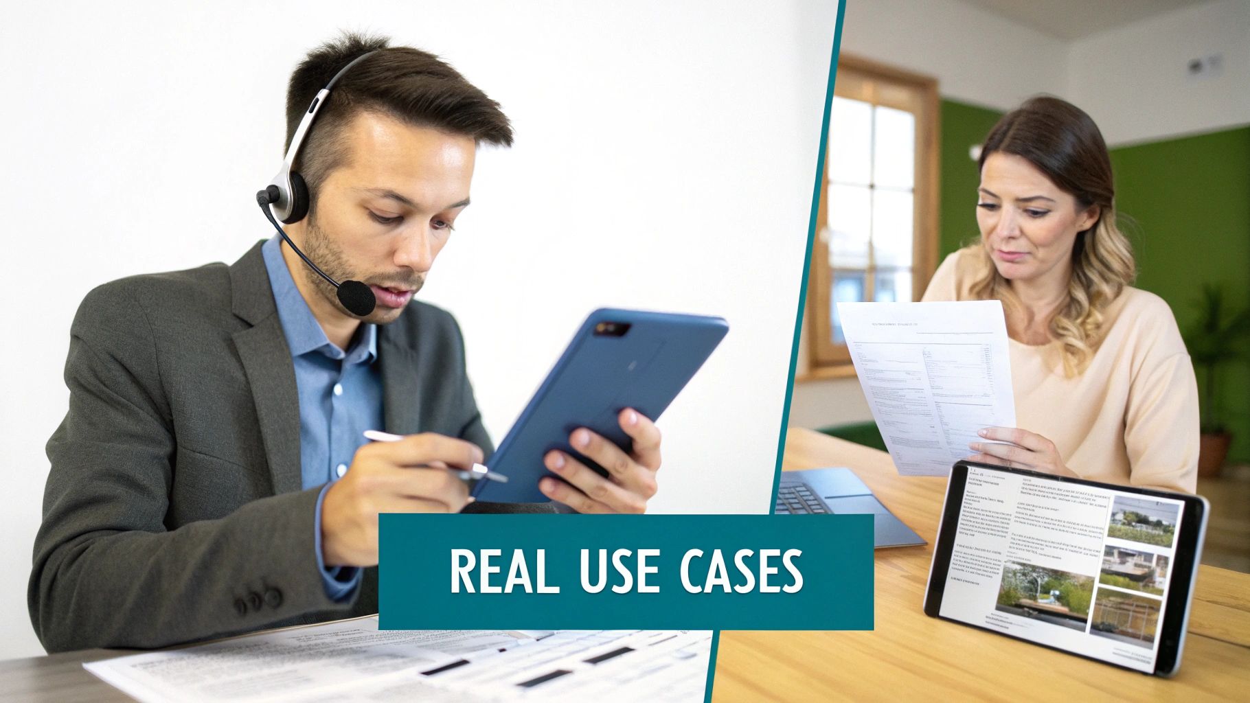 A man with a headset uses a tablet while a woman reads documents, illustrating real use cases.